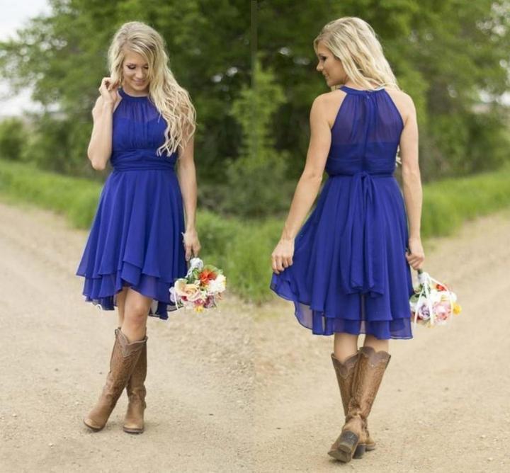 Short A Line Halter Chiffon Blue Bridesmaid Dresses Cheap Prom Dresses RS805