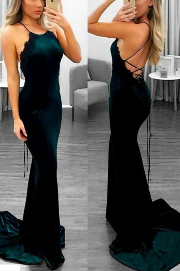 Sexy Backless Dark Green Mermaid Spaghetti Straps Sleeveless Custom Cheap Prom Dresses RS478