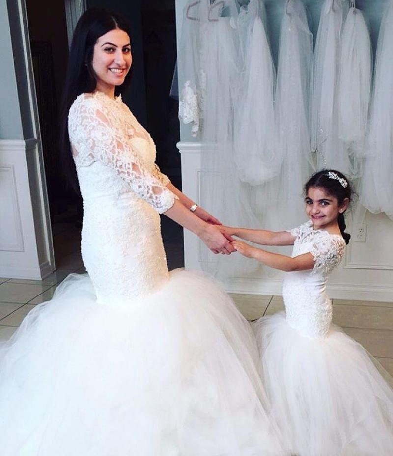 Long Short Sleeves Mermaid Lace Appliques Tulle Flower Girl Dress Wedding Party Dress RS119