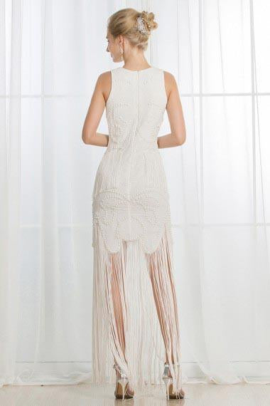 A-Line Jewel Ivory Scoop Satin Beading Tassel Sleeveless Appliques Wedding Dresses RS272