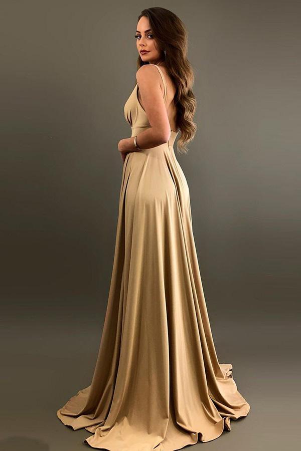 Elegant A Line Mermaid Deep V Neck Long Blue Backless Bridesmaid Dresses RS958