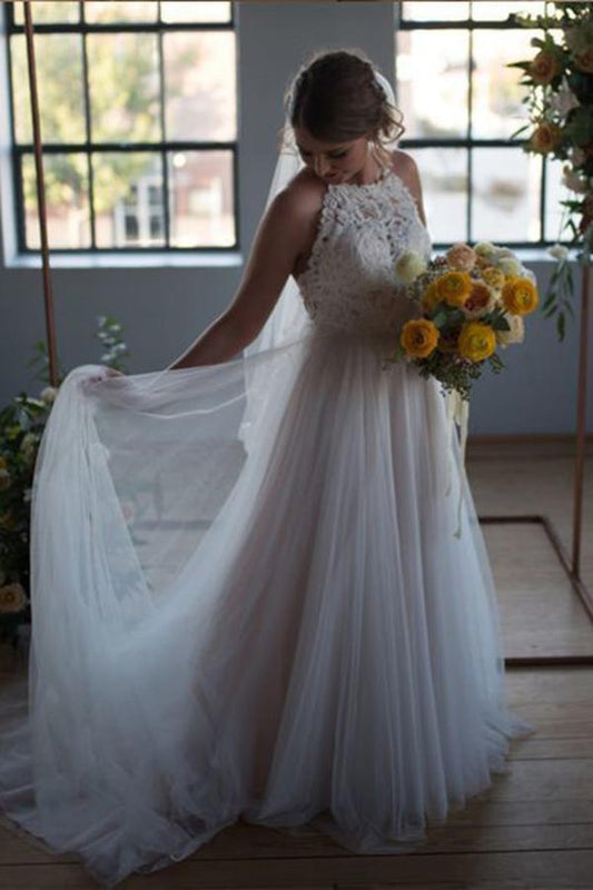 A-Line Round Neck Ivory Sweep Train Tulle Halter Wedding Dress with Lace RS786