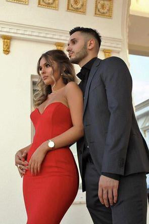 Red Chic Sweetheart Strapless Sleeveless Mermaid Satin Prom Dresses RS761