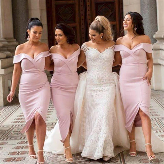Mermaid Pink Off the Shoulder Sweetheart Prom Dresses Long Bridesmaid Dresses RS915