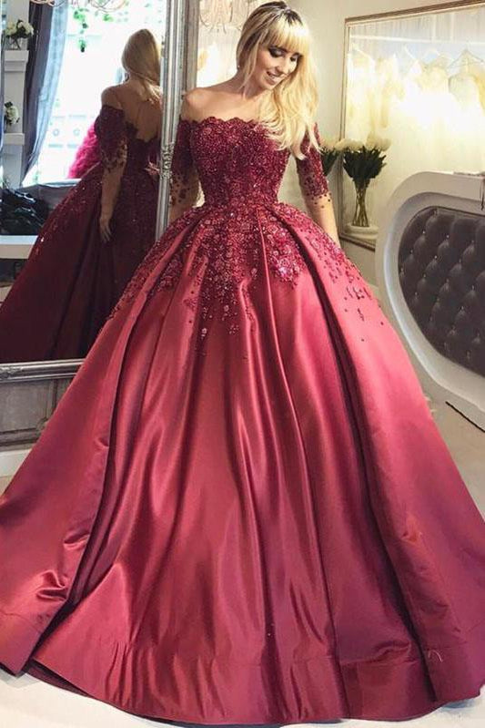 2024 Dark Red Lace Long Sleeve Prom Dress Off-the-Shoulder Ball Gown Quinceanera Dress RS392