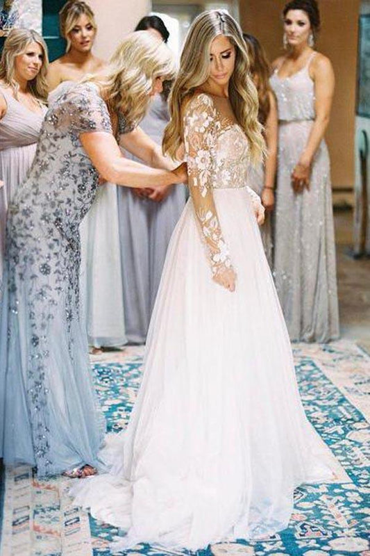 A Line Long Sleeve Deep V Neck Tulle Open Back Lace Appliques Wedding Dresses RS144