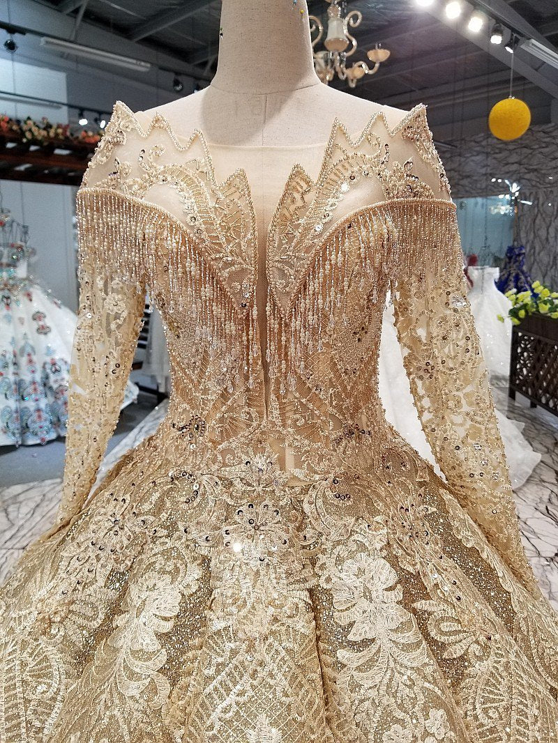 Ball Gown Gold Long Sleeves Lace Appliques Sequins Open Back Beads Quinceanera Dresses RS894