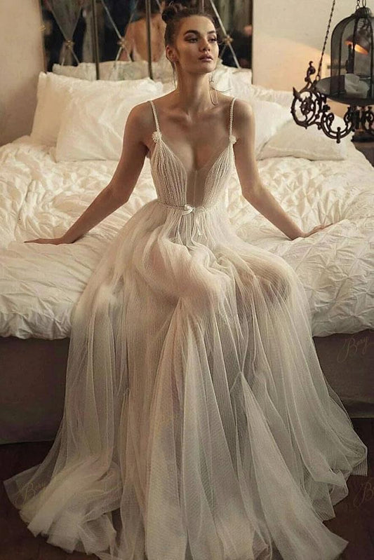 A line Beaded Tulle Spaghetti Straps Long Wedding Dresses
