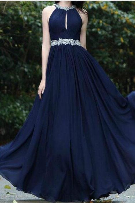 Sexy A-Line Beads Halter Cheap Royal Blue Simple Chiffon Backless Prom Dresses RS431