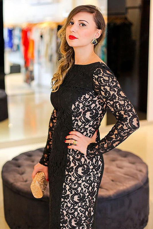 Sexy Black Mermaid Lace Long Sleeve High Neck Floor-Length Backless Plus Size Prom Dresses RS222