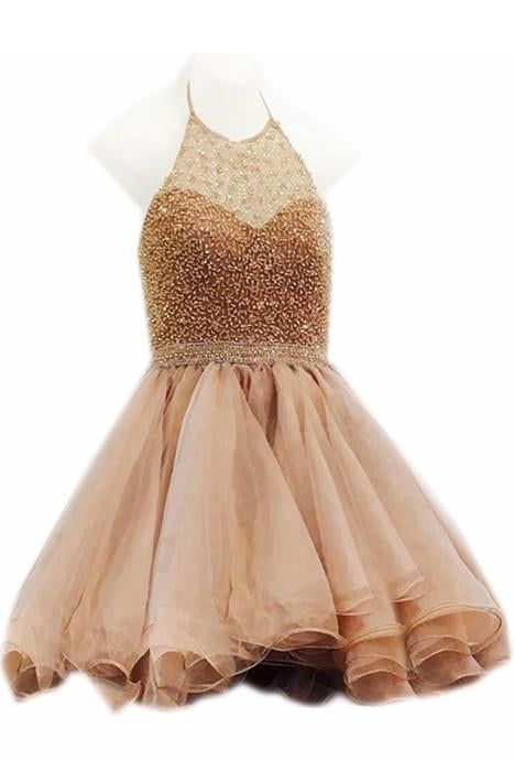 Modest Halter Short Beaded Tulle Cute Mini Homecoming Dresses RS96