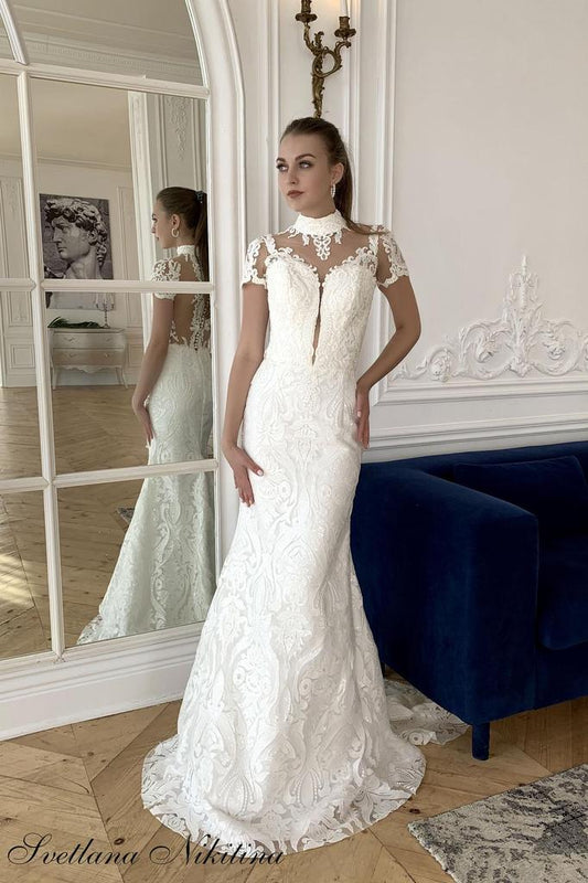 Lace Mermaid High Neck Short Sleeve Bridal Dress Wedding Dress
