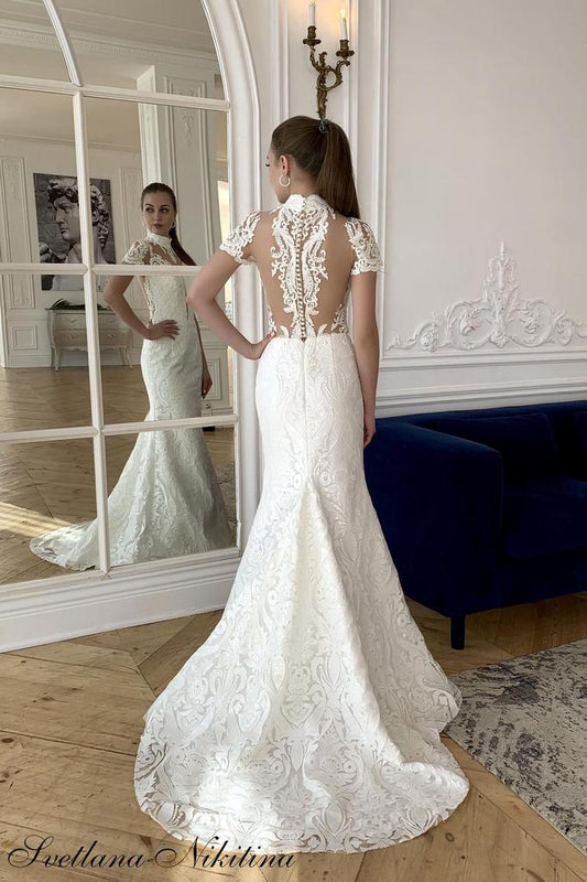 Lace Mermaid High Neck Short Sleeve Bridal Dress Wedding Dress