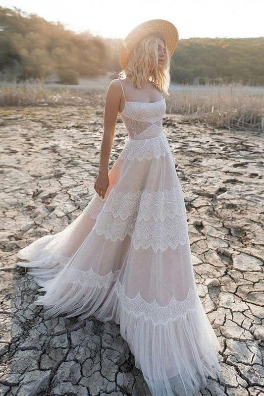 Lace Boho Spaghetti Straps Tulle Long A Line Wedding Dresses