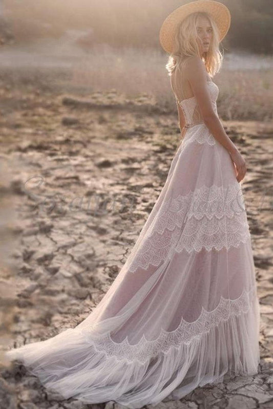 Lace Boho Spaghetti Straps Tulle Long A Line Wedding Dresses