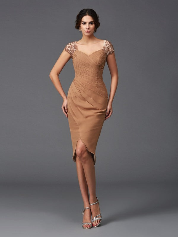 Sheath/Column Sweetheart Applique Homecoming Dresses Cocktail Jaslyn Chiffon Short Sleeves High Low Dresses