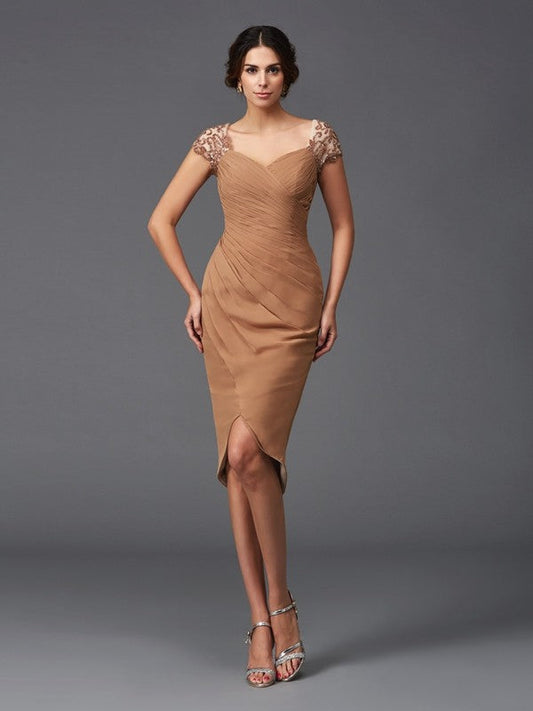 Sheath/Column Sweetheart Applique Homecoming Dresses Cocktail Jaslyn Chiffon Short Sleeves High Low Dresses