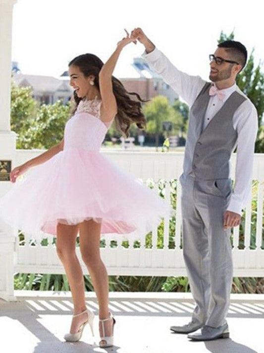 Kendall Homecoming Dresses A-Line/Princess Bateau Sleeveless Applique Tulle Short/Mini Dresses