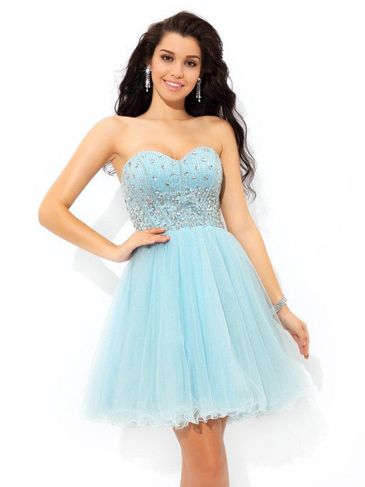 Zion Satin Homecoming Dresses Cocktail A-Line/Princess Sweetheart Beading Short Sleeveless Dresses