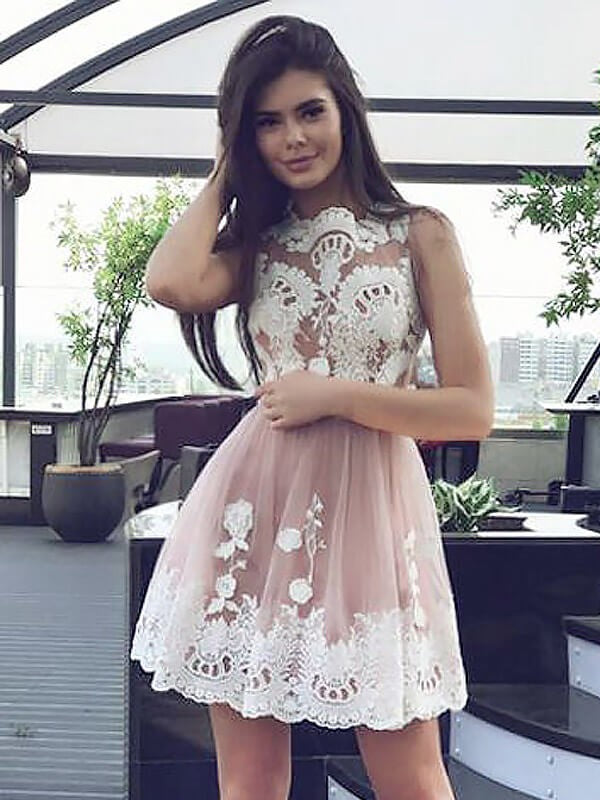 A-Line/Princess Lace Chiffon Homecoming Dresses Diamond Scoop Sleeveless Short/Mini Dresses