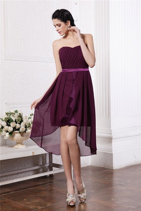 Sheath/Column Chiffon Cocktail Homecoming Dresses Jamya Strapless Sleeveless Sash Pleats High Low Dresses