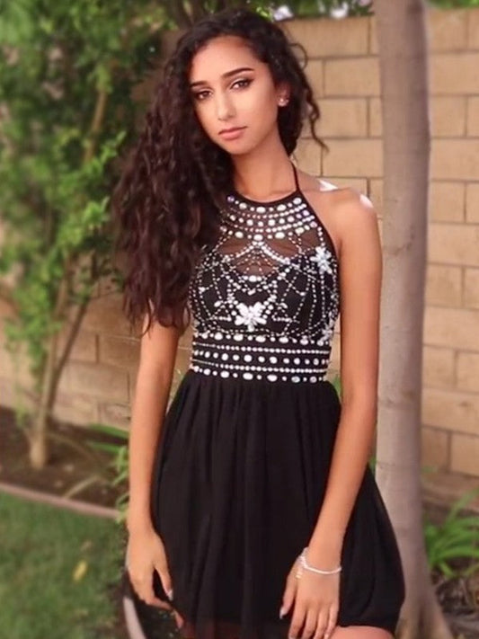 A-Line/Princess Beading Halter Sleeveless Homecoming Dresses Viviana Chiffon Short/Mini