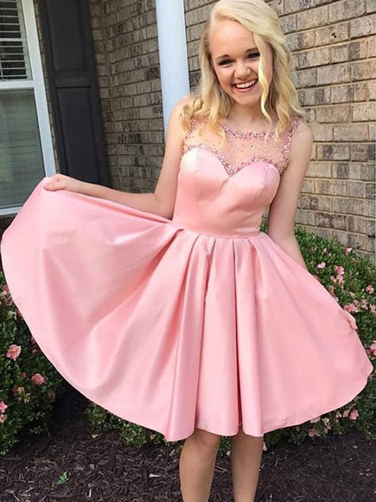 A-Line/Princess Ruffles Bateau Sleeveless Satin Homecoming Dresses Amiya Knee-Length Dresses