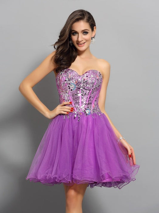 A-Line/Princess Lyla Cocktail Satin Homecoming Dresses Sweetheart Beading Sleeveless Short Dresses