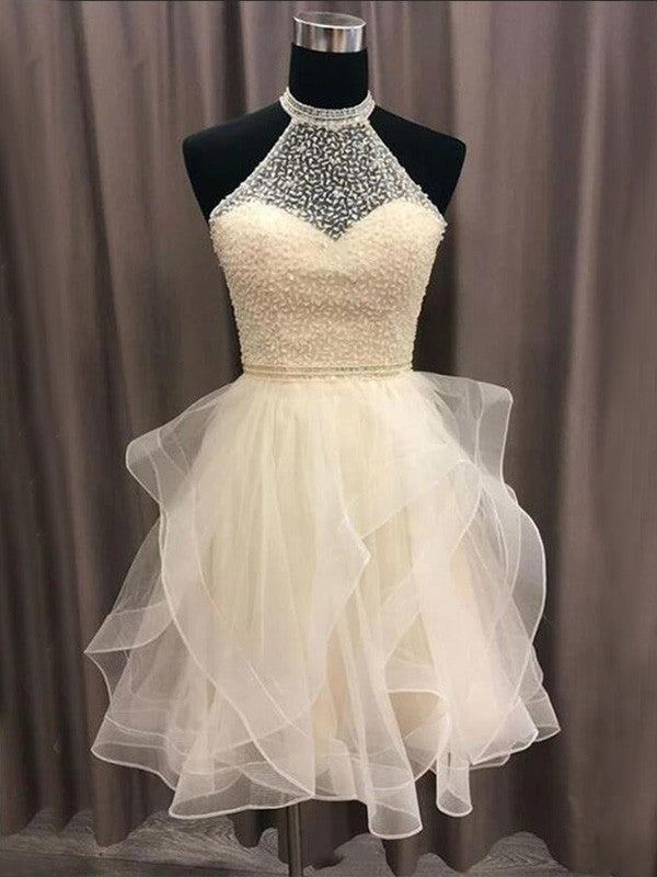 A-Line/Princess Organza Beading Halter Sleeveless Short/Mini Poll Homecoming Dresses