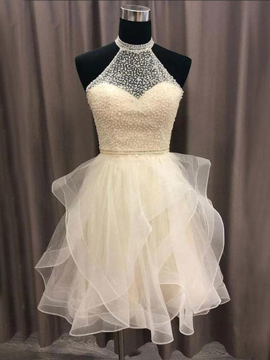 A-Line/Princess Organza Beading Halter Sleeveless Short/Mini Poll Homecoming Dresses