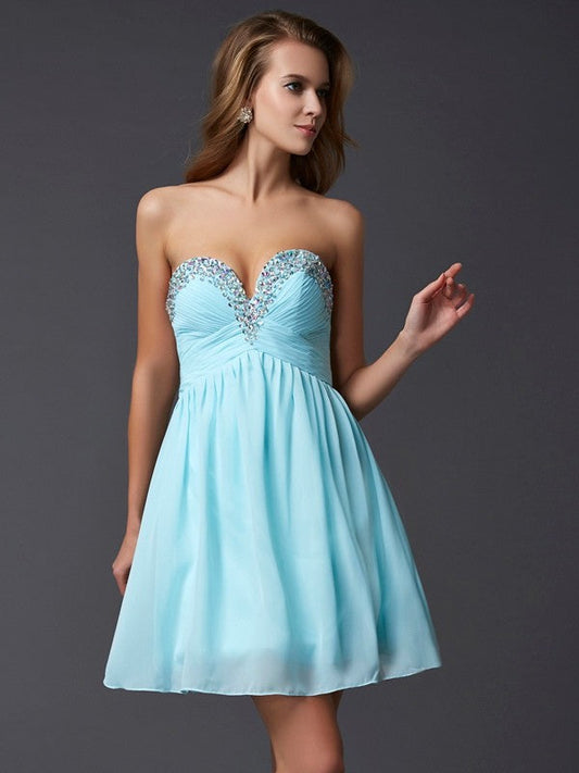 A-Line/Princess Sleeveless Sweetheart Beading Short Homecoming Dresses Karla Chiffon