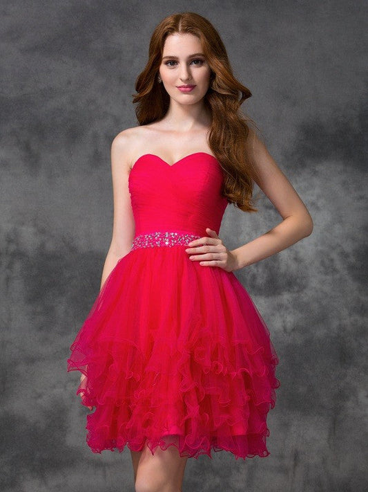 A-Line/Princess Sweetheart Beading Satin Sandy Homecoming Dresses Cocktail Sleeveless Short Dresses