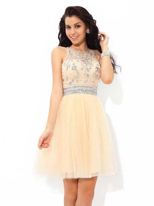 A-Line/Princess Sheer Neck Beading Sleeveless Short Cocktail Alejandra Homecoming Dresses Net Dresses