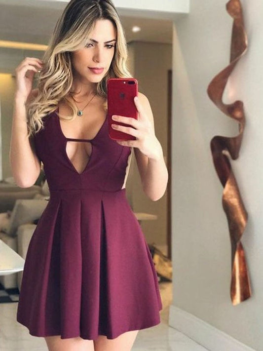 Zoey Satin Homecoming Dresses A-Line/Princess Ruched V-Neck Sleeveless Short/Mini Dresses