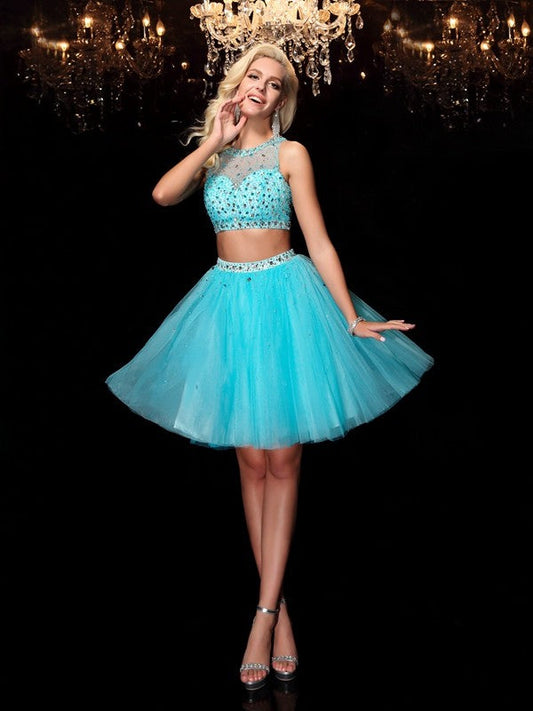 A-Line/Princess Scoop Rhinestone Sleeveless Short Net Dresses Homecoming Dresses Viola