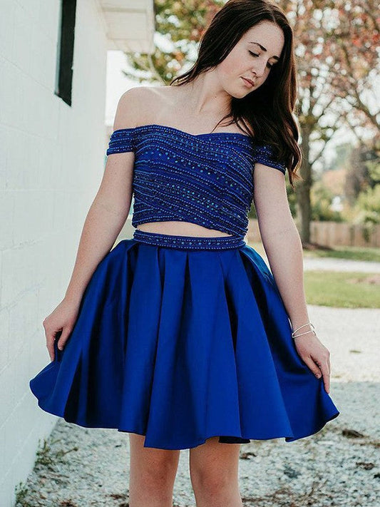 A-Line/Princess Beading Off-The-Shoulder Homecoming Dresses Satin Lesly Sleeveless Short/Mini Two Piece Dresses