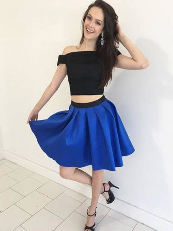 A-Line/Princess Sleeveless Off-The-Shoulder Ruffles Two Piece Short/Mini Satin Natalia Homecoming Dresses Dresses
