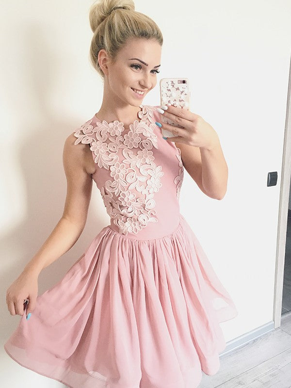 A-Line/Princess Scoop Sleeveless Homecoming Dresses Chiffon Tia Applique Short/Mini Dresses