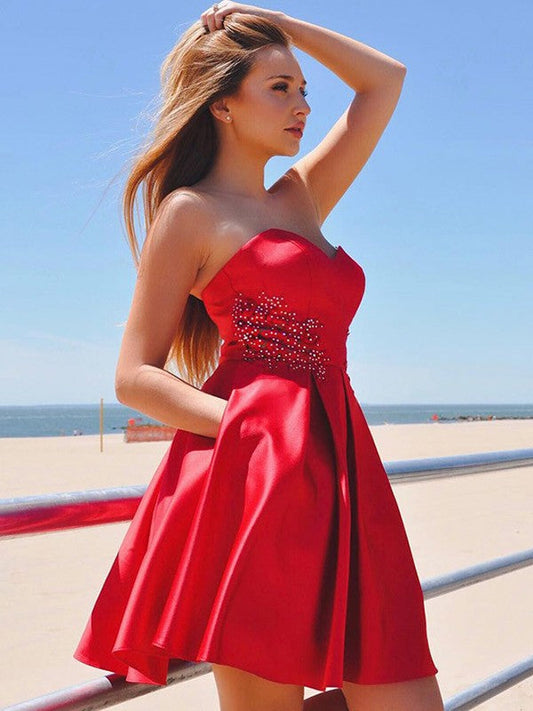 A-Line/Princess Sweetheart Ruffles Sleeveless Short/Mini Homecoming Dresses Satin Kaley Dresses