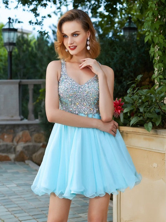 A-Line/Princess Sleeveless Rhinestone Straps Short/Mini Dresses Chiffon Homecoming Dresses Cassie