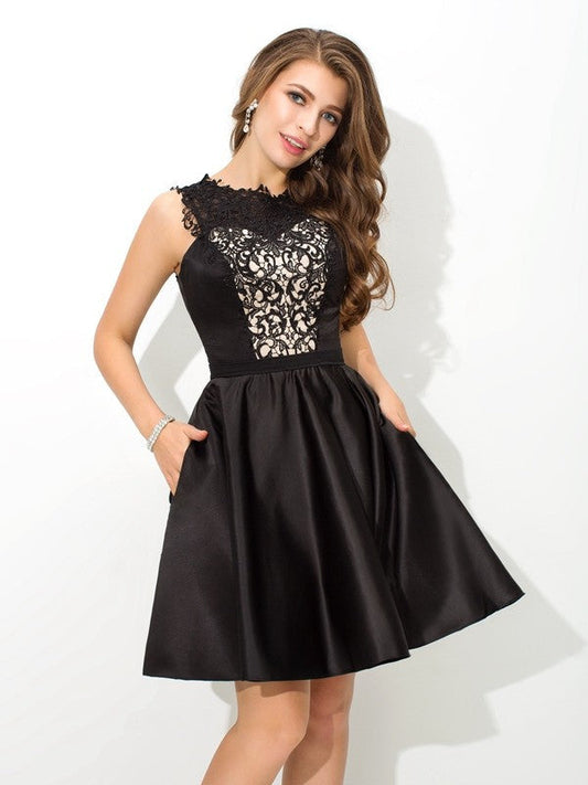 A-Line/Princess Homecoming Dresses Alanna Lace Satin Cocktail Scoop Sleeveless Short Dresses