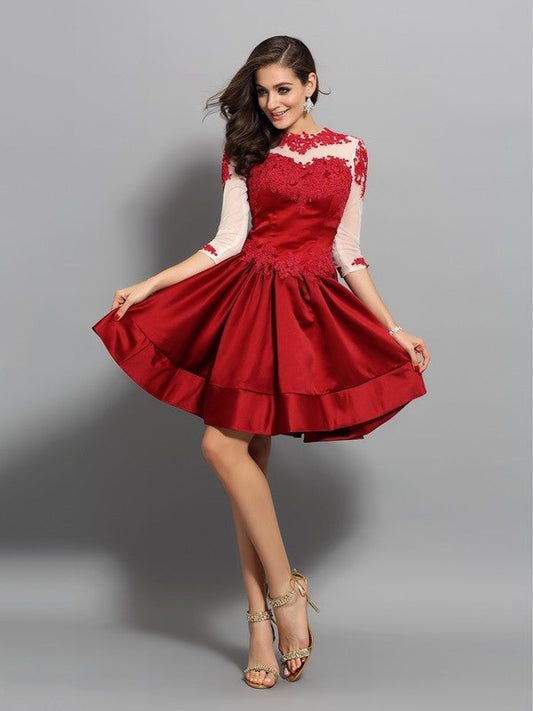A-Line/Princess High Neck Applique Patience Satin Homecoming Dresses Cocktail 1/2 Sleeves Short Dresses