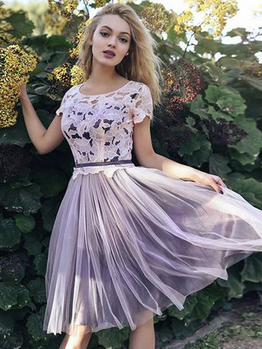 A-Line/Princess Homecoming Dresses Aryanna Tulle Scoop Short/Mini Sleeves Sash/Ribbon/Belt Knee-Length Dresses