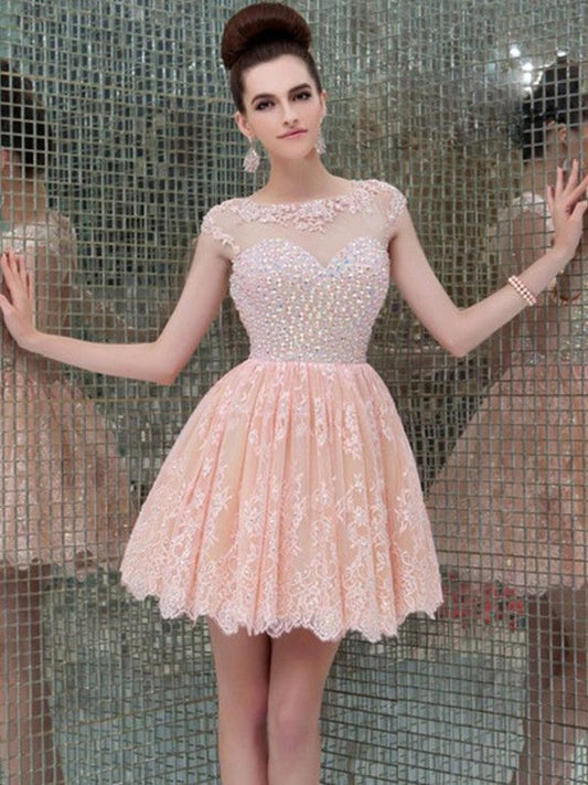 A-Line/Princess Sleeveless Scoop Beading Homecoming Dresses Denisse Lace Short/Mini Dresses