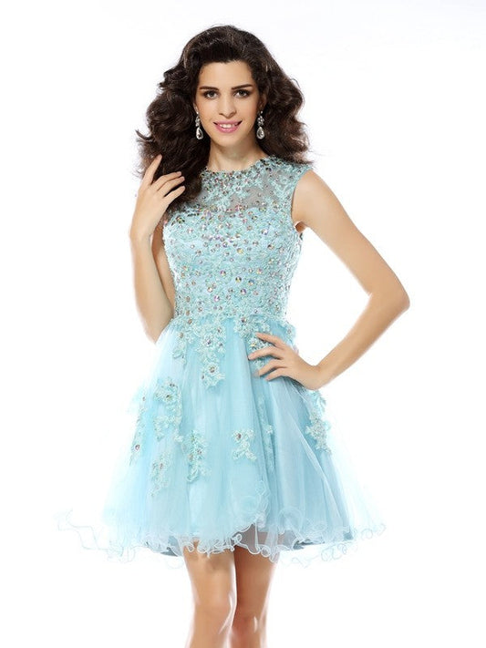 A-Line/Princess Scoop Beading Applique Sleeveless Short Aleena Satin Homecoming Dresses Cocktail Dresses
