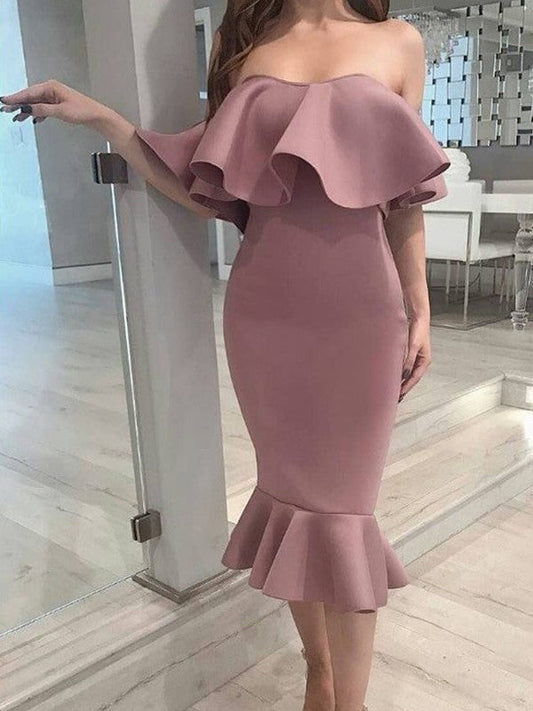 Trumpet/Mermaid Elastic Woven Haleigh Homecoming Dresses Satin Ruffles Strapless Sleeveless Tea-Length