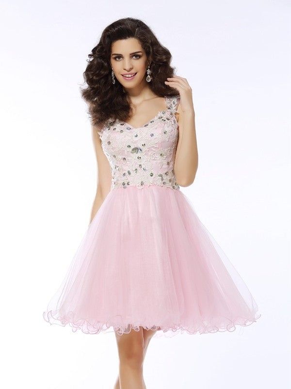 A-Line/Princess Sweetheart Applique Sleeveless Short Satin Homecoming Dresses Dalia Cocktail Dresses