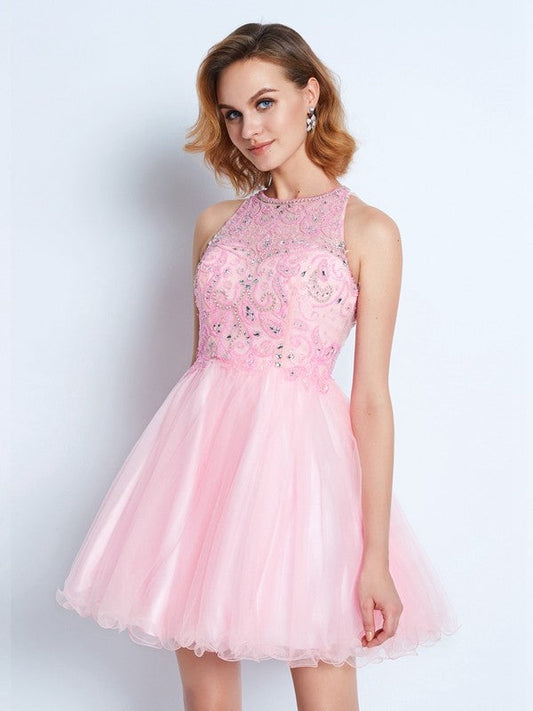 A-Line/Princess Shayla Homecoming Dresses Sleeveless Jewel Short/Mini Net Ruffles Dresses