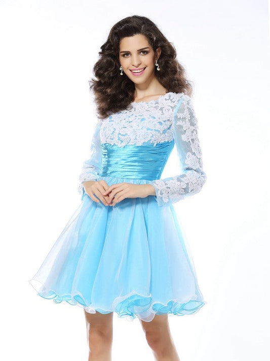 A-Line/Princess Scoop Applique Long Cocktail Satin Homecoming Dresses Rebekah Sleeves Short Elastic Woven Dresses