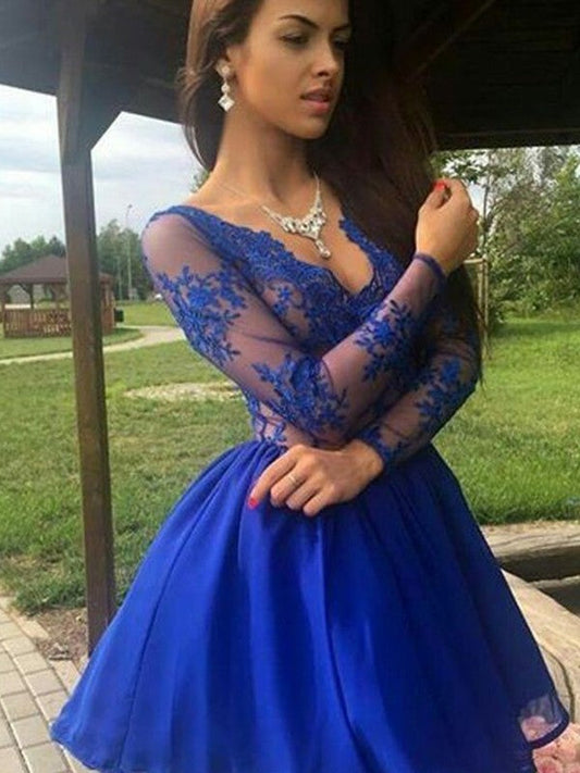 A-Line/Princess V-Neck Applique Long Sleeves Short/Mini Homecoming Dresses America Chiffon Dresses